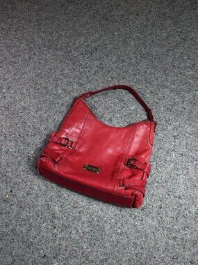 Michael Kors Est. 1981 Red Leather Shoulder Hobo Bag Gold Hardware Buckle Detail